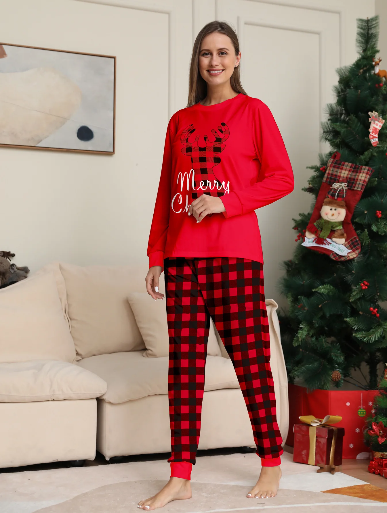 Merry Christmas Pajamas Set Fawn Plaid Print Mother Father Kids Matching Outfits Soft Cute 2pcs Suit Sleepwear Xmas Family Look 5
