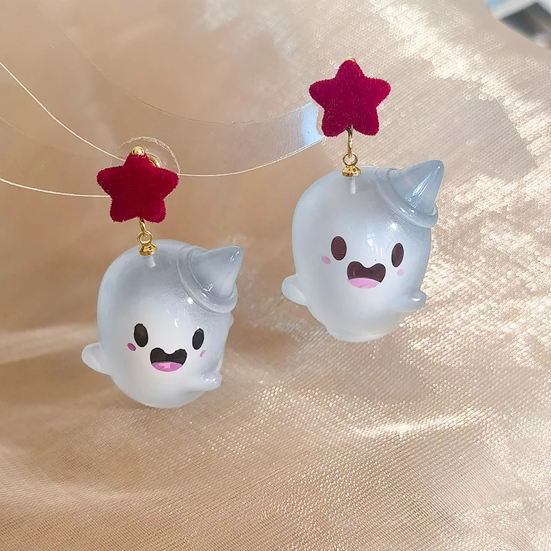 Neue Niedliche Halloween-Geister-Ohrringe aus Harz für Frauen Cartoon-Mode Geometrischer Roter Stern Ball-Ohrstecker Festtags-Party-Schmuck Geschenk