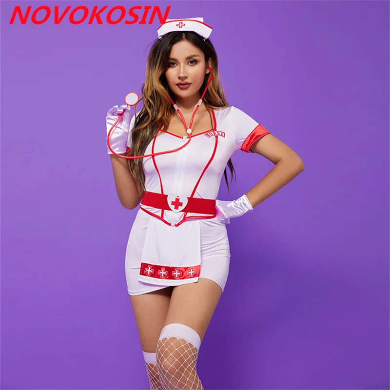 

8 Pieces Women Uniform Cosplay Role-Play Sexy Nurse Short Sleeves Top Shirt With Mini Skirt Costumes Girl Hat Belt Stethoscope
