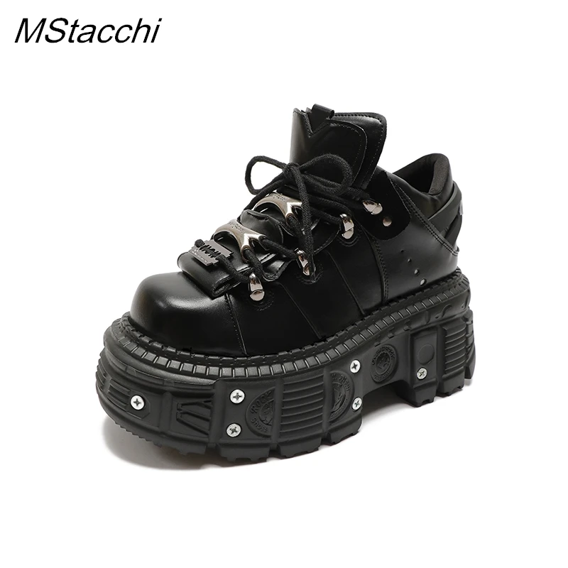 Gothic Women Sneakers Rock 6cm Platform Shoes Punk Style Metal Decoration Heel Height Lace-up Rivet Thick Bottom Leather Shoes