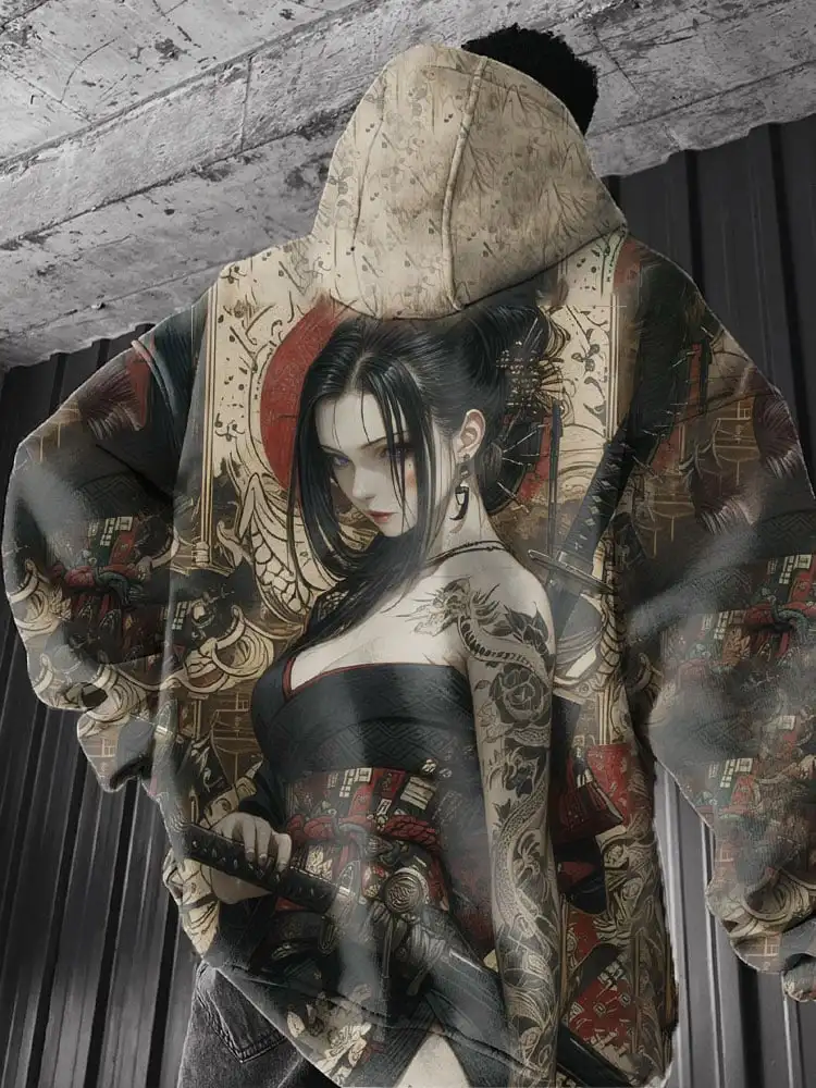 Female Warrior Print Men's Hoodie Men Street Outdoor Casual Harajuku Style Mens Clothing Fashion New in Hoodies & Sweatshirts