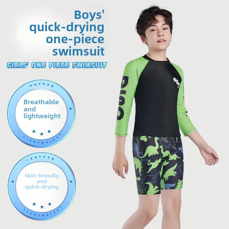 ملابس سباحة للأطفال بأكمام طويلة، ملابس سباحة قصيرة مكونة من قطعتين سريعة الجفاف للأولاد والمراهقين، أطقم سباحة للأطفال المتوسطة والكبيرة