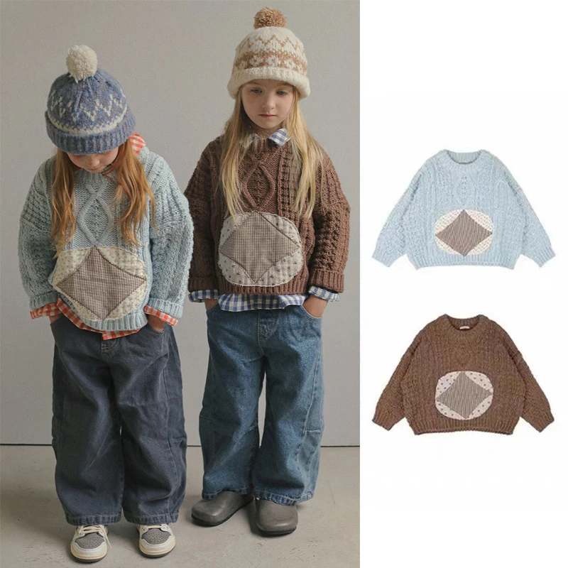 

Kids Girls Knitted Sweater 2023 Winter Brands Korea Girls Sweater Retro Style Floral Plaid Knitwear Sweater for Girs Clothing