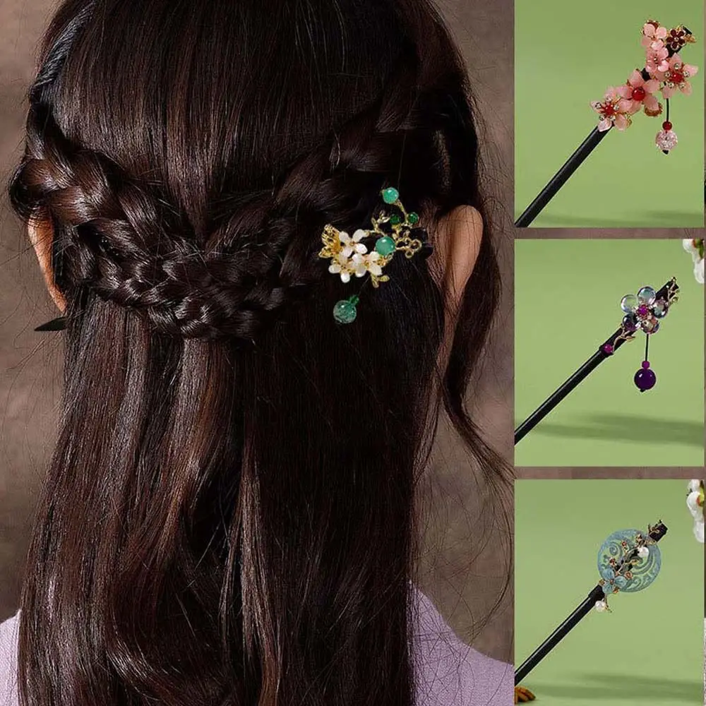 Ancient Style Wooden Hair Sticks Tassel Flower Pendant Hairpin Chinese Classical Hanfu Headdress Female