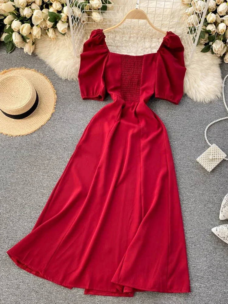 Puff Sleeves Retro Dress Midi | Womens Puff Sleeve Midi Dress 