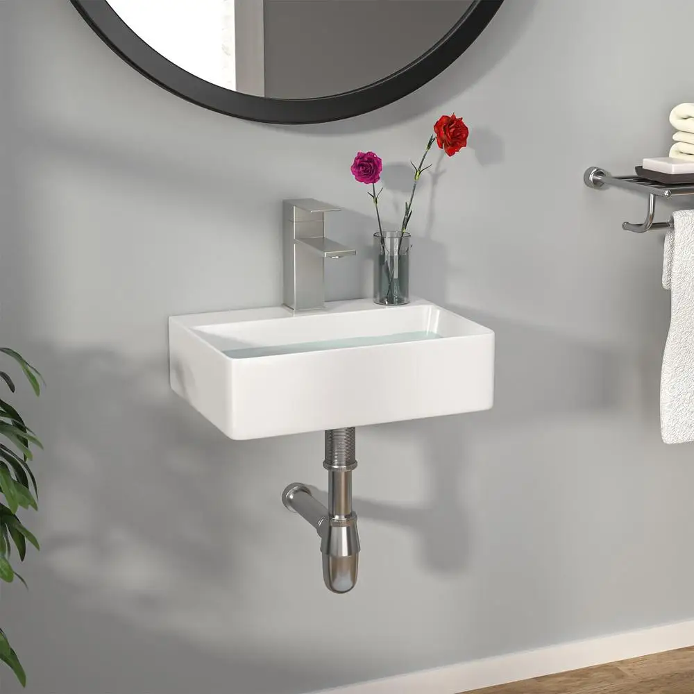 Rectangle Vessel Sink Wall Mounted White Porcelain Ceramic 14" x 10" Modern Bathroom Hung Easy Clean Sturdy Durable Fast Install 6