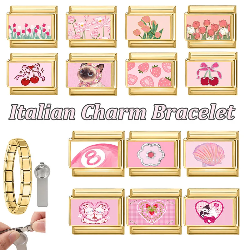 Cat Dogs Bow Charm Links 9MM Bracelets Bangle Stainless Steel DIY Making Gift
