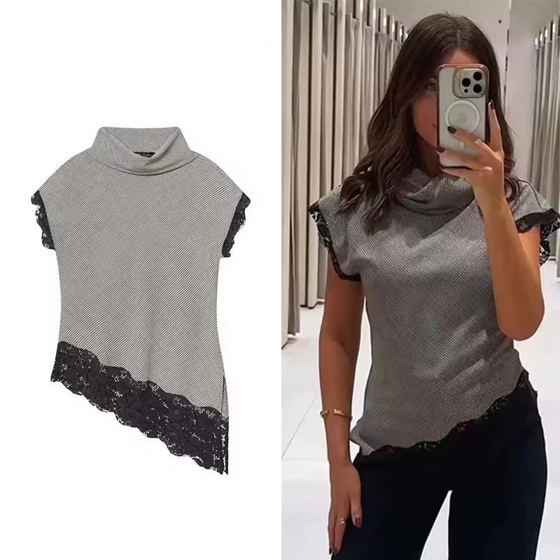 Stand Collar Corset Top Women Houndstooth Sleeveless Lace Splicing Vest Tops 2025 New Summer Lady Street Casual Short Tops ﻿