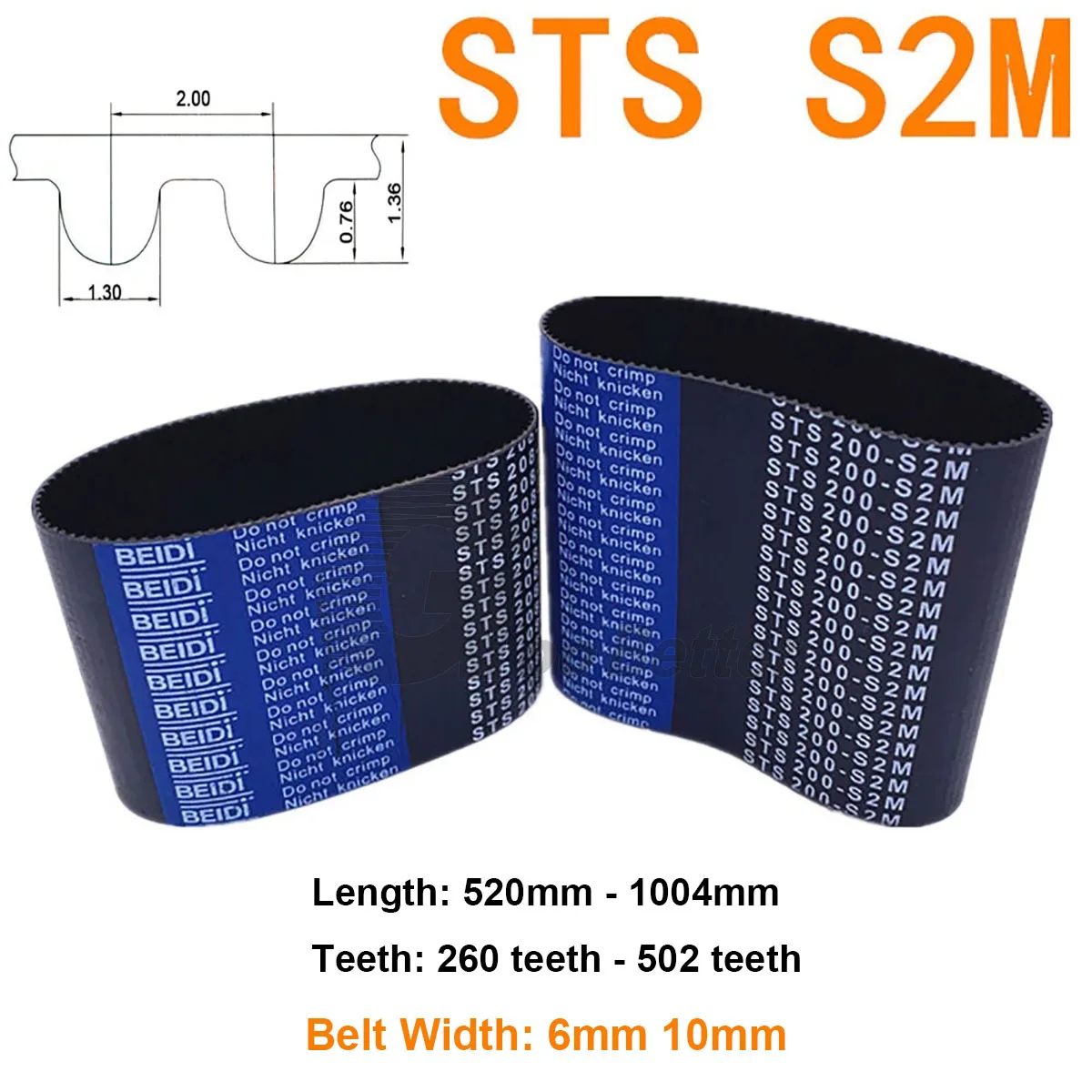 

1Pcs Width 6 10mm STS S2M Rubber Timing Belt Pitch Length 520mm - 1004mm 260 Teeth - 502 Teeth S2M Synchronous Belt