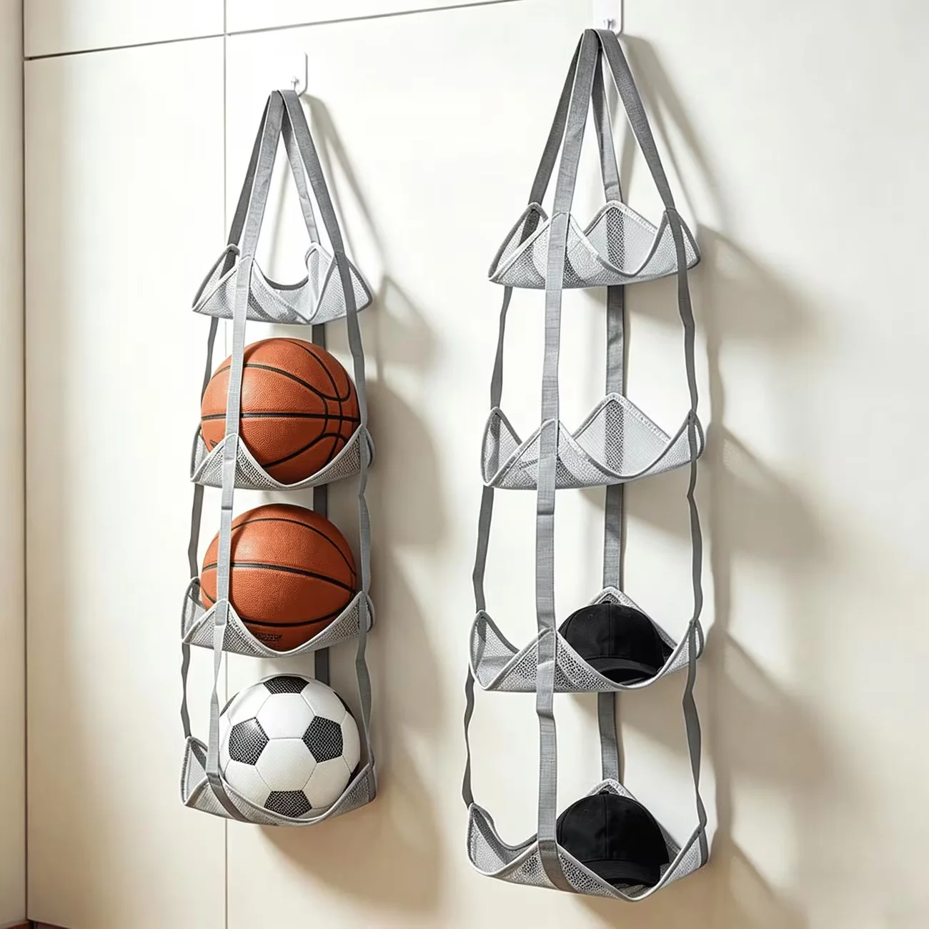 Collapsible Multi-Layer Sports Ball Organizer, Home Ball Storage Solution, Over-the-Door Hanging Basket