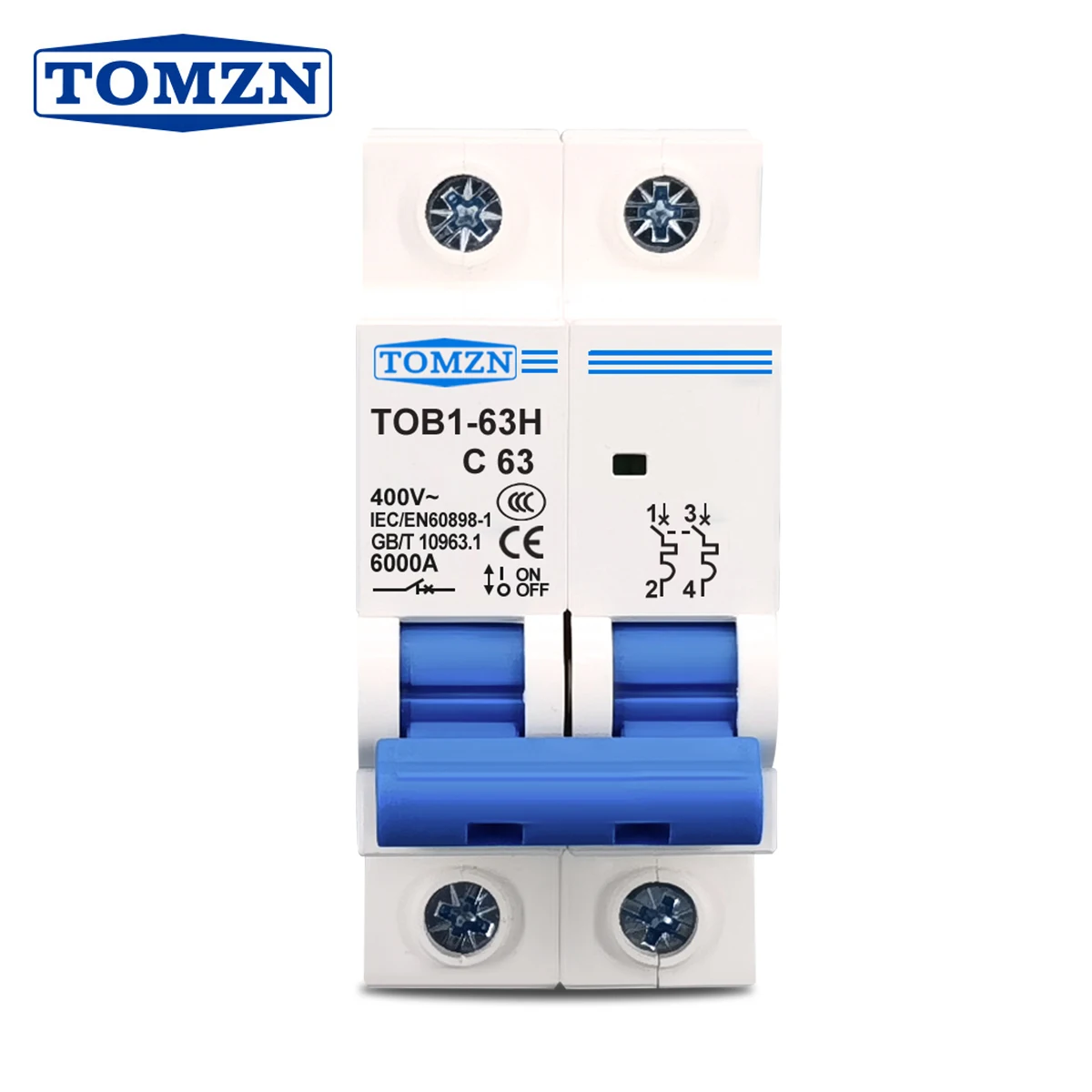 Mini interruptor do TOMZN-AC MCB, TOB1-63, 230 V, 400V, 50Hz, 60Hz, 6A, 10A, 16A, 20A, 25A, 32A, 40A, 50A, 63A, 2P