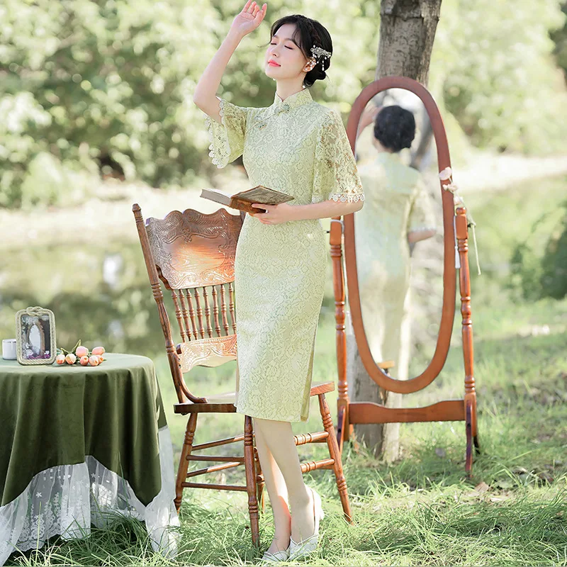 

French Green Lace Qipao Chinese Traditional Women Short Sleeve Cheongsam Vestidos Elegant Party Dress