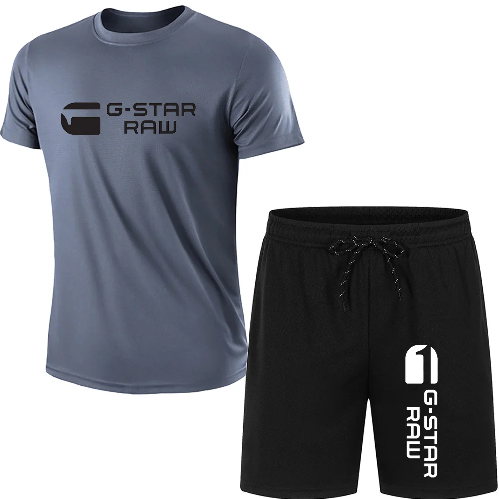 2024 Summer G-STAR RAW Print Men's T-shirts Shorts Set Suit Fashion Leisure Breath Sport Jogging Gym 2pcs Short Sleeve 6