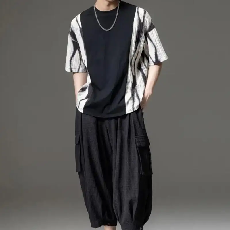 

Men's Tie Dyed Trend Breathable Short Sleeve T-Shirt Fashion Streetwear Y2K Men's Personality Contrast Color Patchwork Pullover