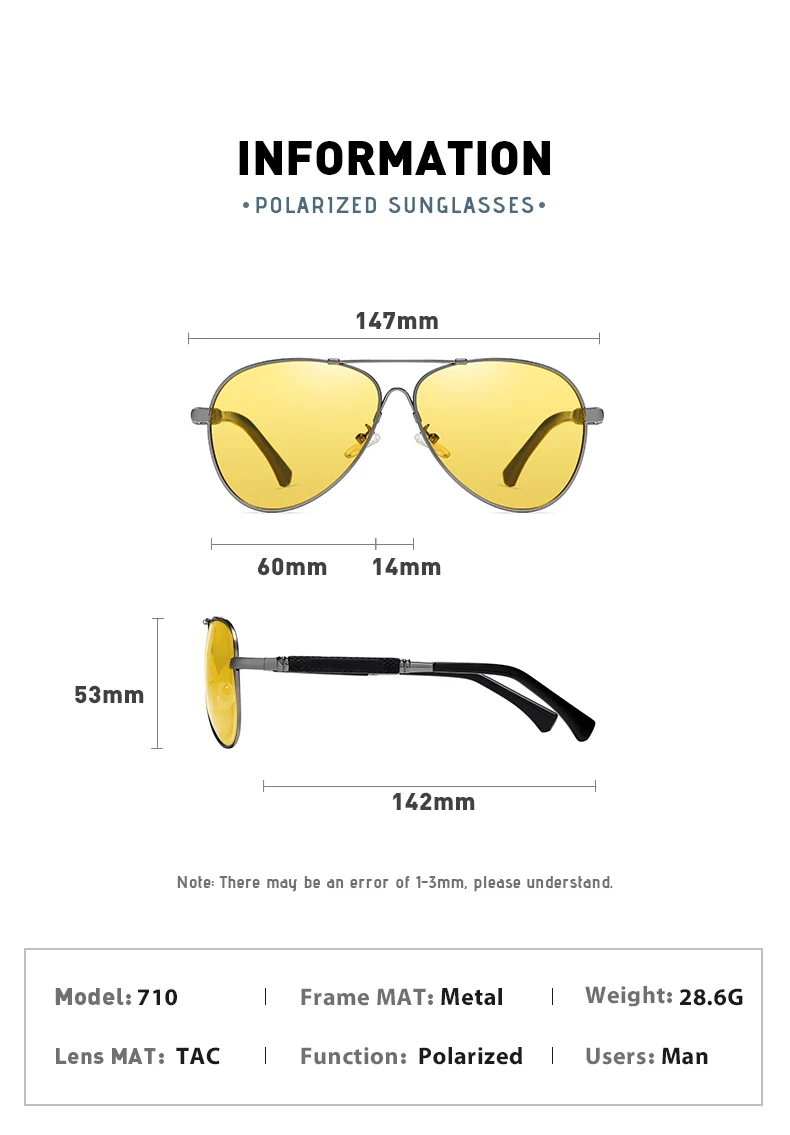 LIOUMO Klassische Piloten-Sonnenbrille, Nachtsicht-Photochrome Brille, polarisiert, für Herren, blendfrei, gelbe Fahrbrille, Gafas De Sol – Detail 12