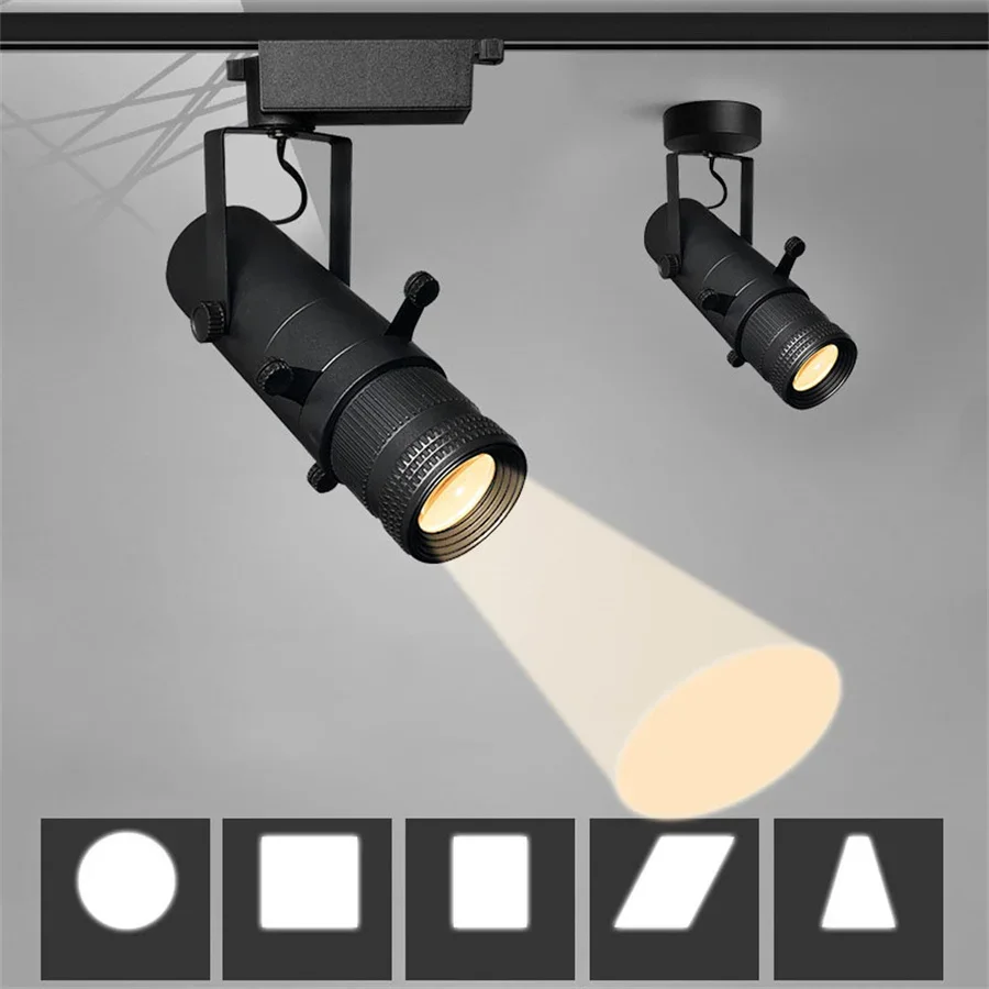 조정 가능한 조리개 모양 가변 패턴 LED 레일 트랙 조명, 전시 컷오프 조명, 줌 가능한 천장 스포트라이트, 10W, 30W