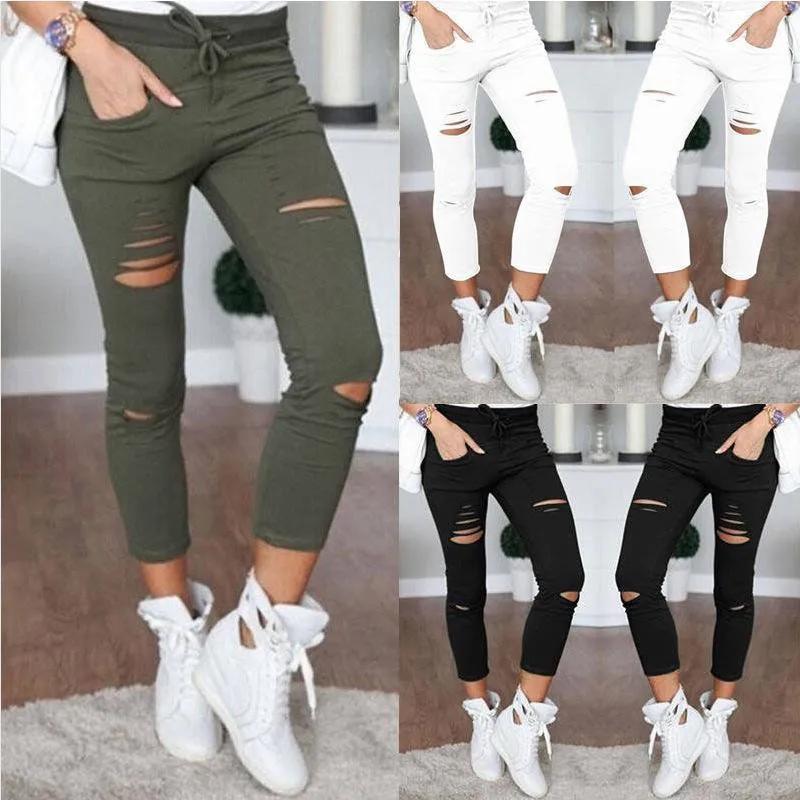 

2023 Cargo Pants Women Fashion Slim High Waisted Stretchy Skinny Broken Hole Pencil Pants Solid Color Streetwear Trousers Womens