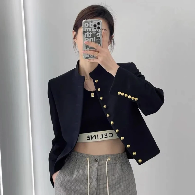 

2023 Autumn Winter Women New Solid Black Classic Long Sleeve Single Breasted Coat Chic Casual Elegant Office Lady Vintage Jacket