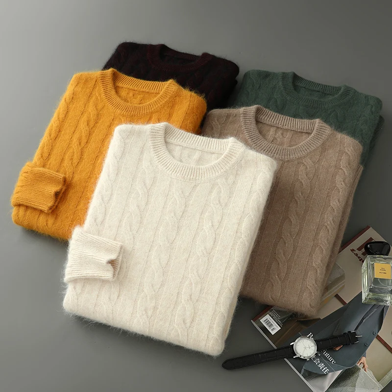 Mens Mink Cashmere Sweater Autumn Winter O-neck Pullover Cable Knit Twist The Flower Soft Warm Korean Tops Knitwear