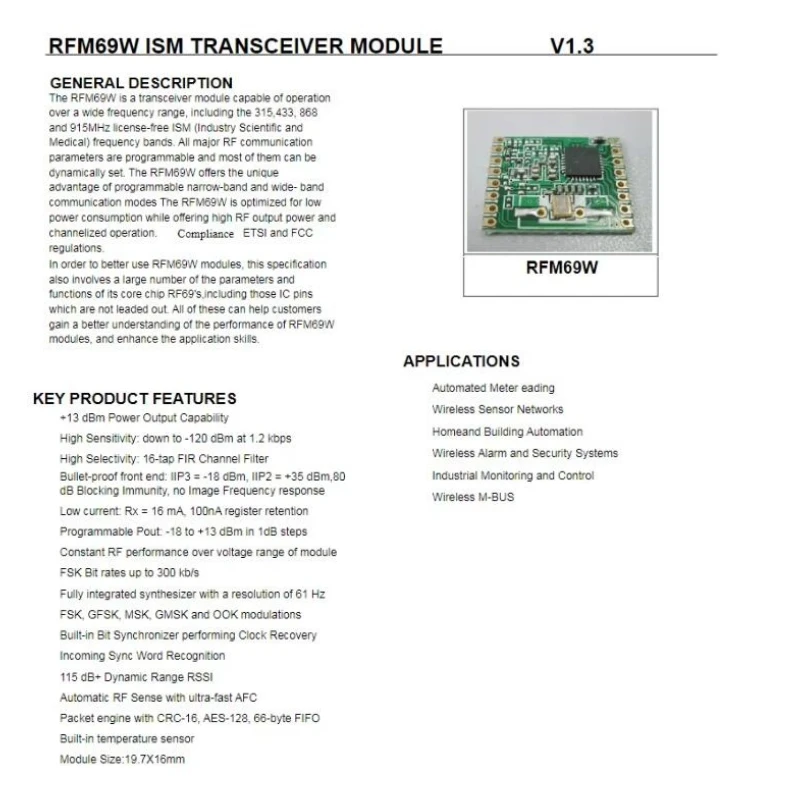 Modulo Ricetrasmettitore RFM69W RFM69 433/868/915MHz FSK 13dBm - immagine 5