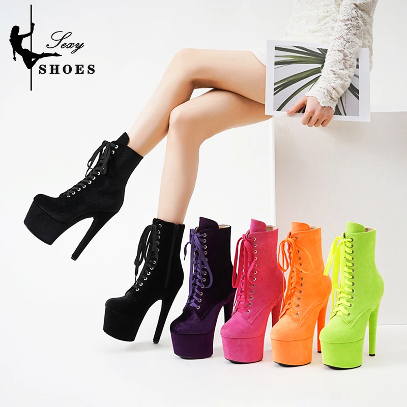 New Strip Ankle Boots 17cm/7Inch Pole Dance Shoes Catwalk Suede Heels Platform Women Short Boot Booties Lace-up Lady Knight Boot