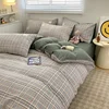 Nordic Plaid Pattern Wash Cotton Bedding Set Duvet Cover Pillowcase Bed Sheet Set Comforter Cover Bed Linens Set Queen King Size 4
