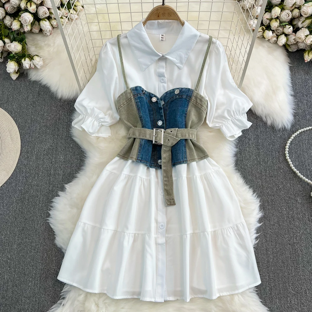 

Women Denim Tank+Shirt Dresses Suits Long-sleeved Single-breasted A-Line White Shirt Dress+Jean Tops Two Pieces Sets