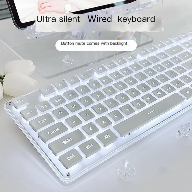 Teclado com Fio de Cristal Silencioso com Retroiluminação Teclado do Computador Painel de Metal Usb pc Portátil Gamer Escritório Jogos
