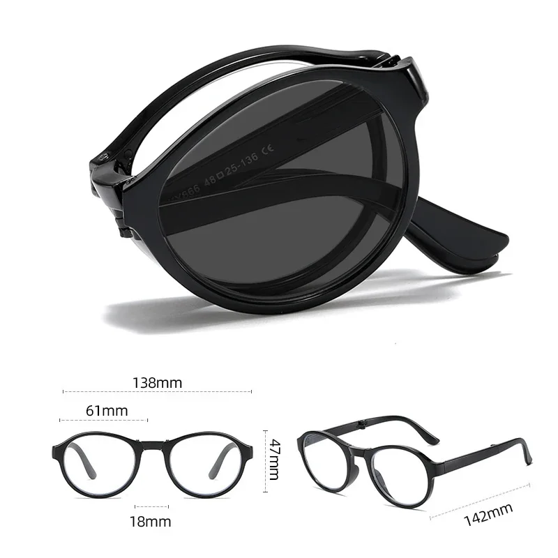 Folding Photochromic Reading Glasses with Box Men Round Frame Color Changing Foldable Eyewear Women Popular Far Sight Sunglasses 6