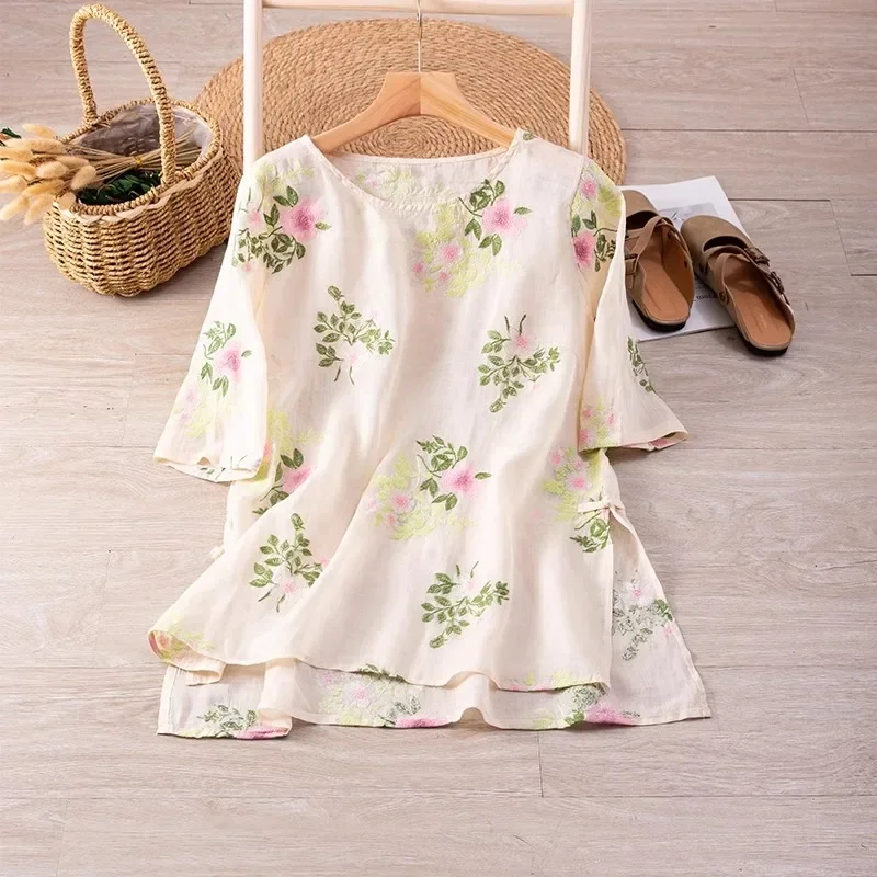 

Chinese Style Women's Shirt Summer Embroidery Vintage Blouses Loose Women Tops Cotton Linen V-necks Fashion Clothing 2024 Korean