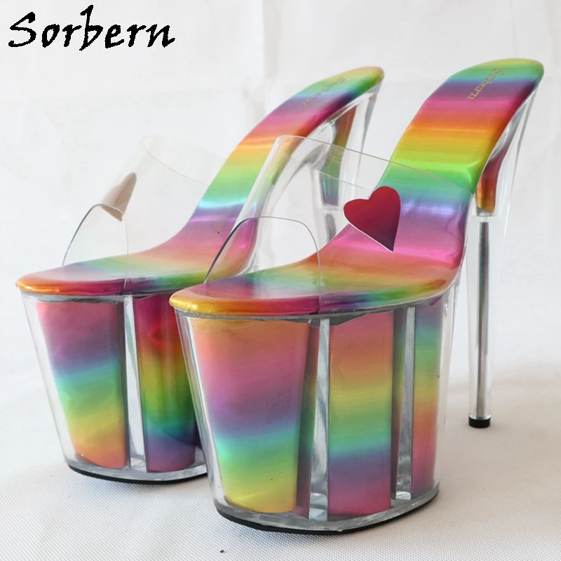 

Sorbern Sexy Rainbow Women Slides For Pole Dancer Stripper High Heel Open Toe Transparent Pvc Slip On Perspex Heeled Custom