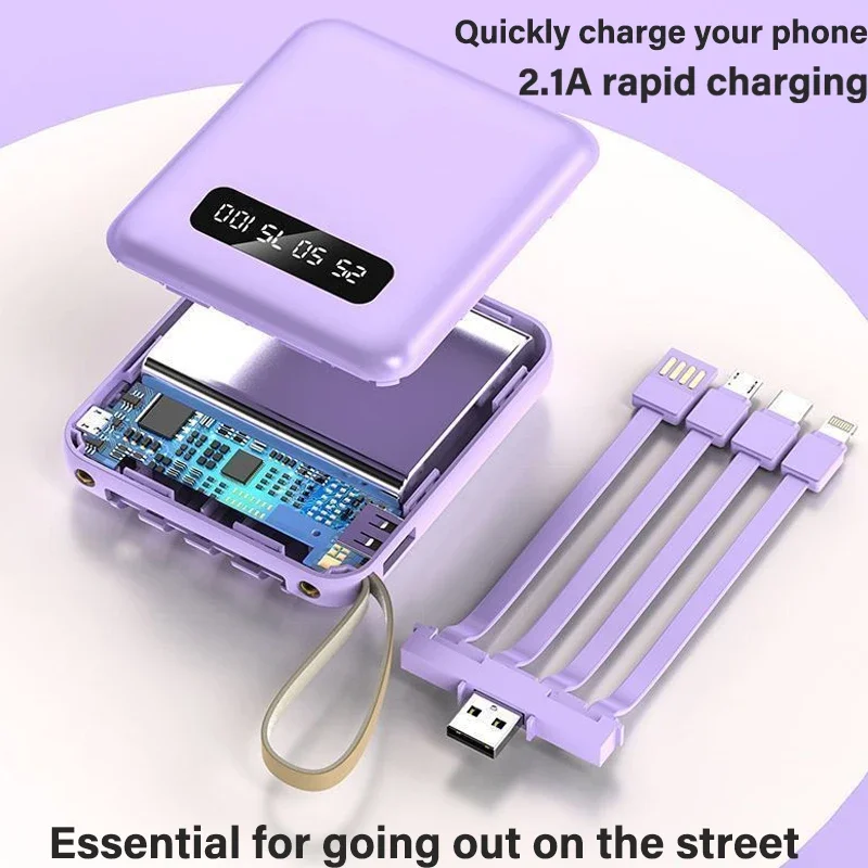 10AH 2.1A Fast Charging Mini Power Bank Comes with Four-wire Compact Portable Power Bank A Must-have for Going Out on The Street