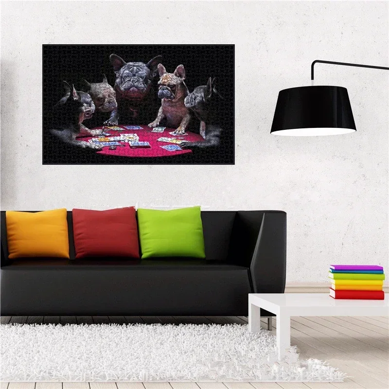 69*51cm Paper Jigsaw Puzzle 1000PCS Card Game of French Bulldogs Animals Painting Educational Entertainment  Adult Children Toys 5