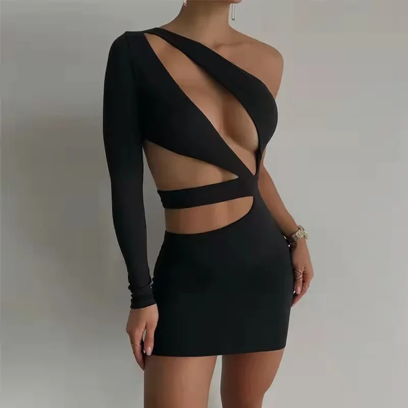

Fashion European and American Style New Women's Fashion Oblique Shoulder Long-sleeved Sexy Hollow Slim Bag Hip Dress Women