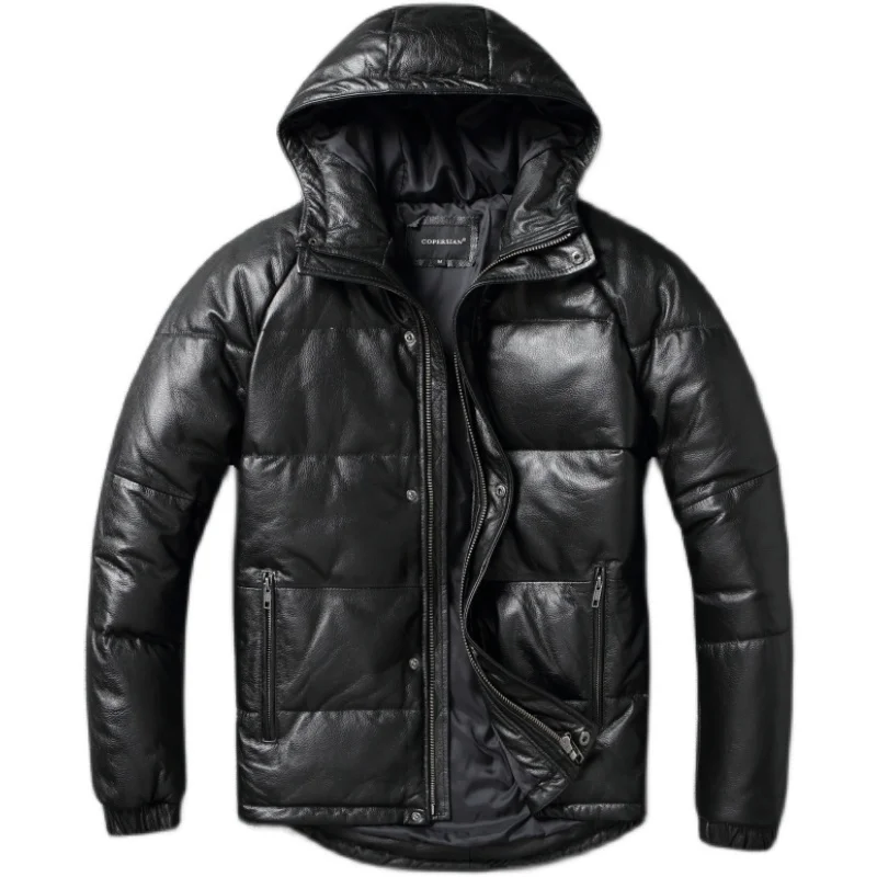 Men Leather Jacket Thick Hood Warm Down Coat