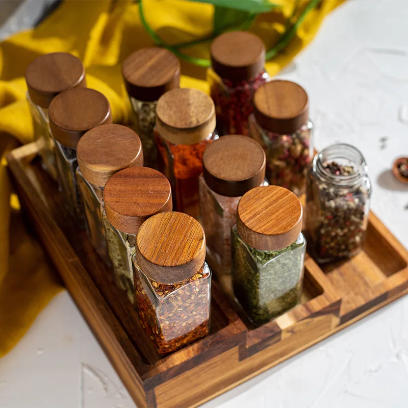 5pcs 120ml Wholesale Acacia Wood Cover Square Glass Jars Kitchen Seasoning  Bottle Table Salt Flavor Herb & Spice Tools