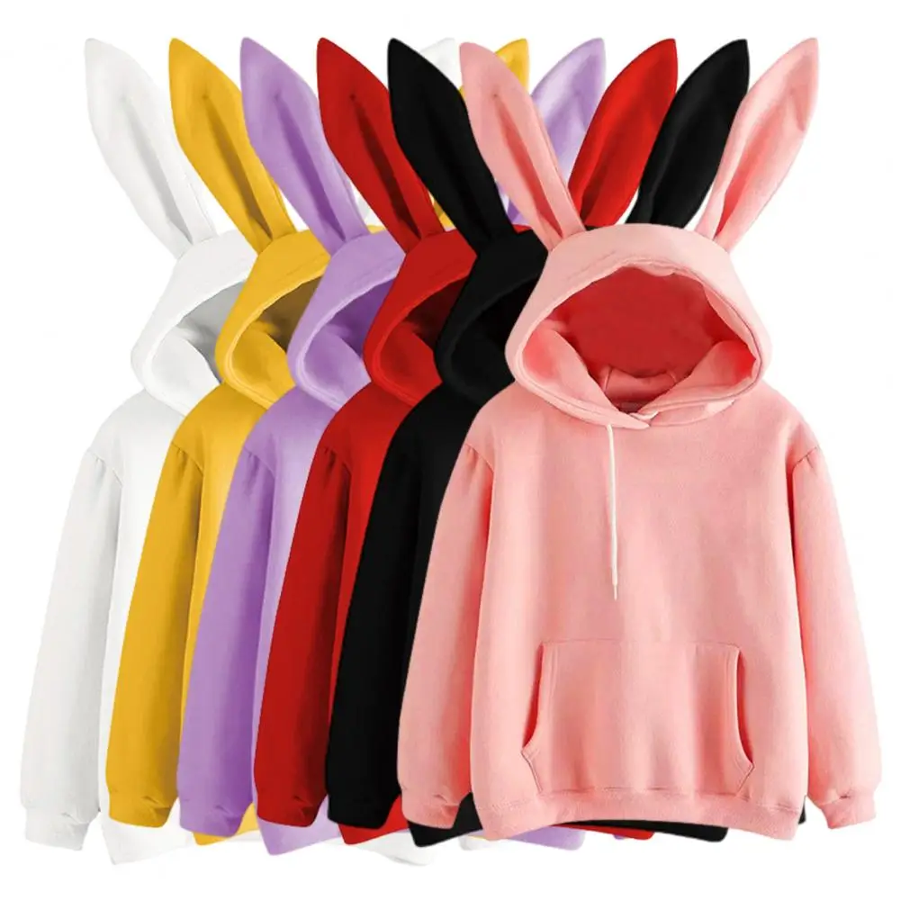 

Autumn Winter Women Hoodies Kawaii Rabbit Ears Fashion Hoody Casual colors Solid Color Warm Sweatshirt Hoodies For Women