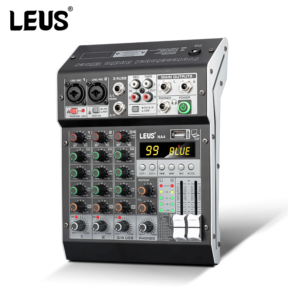 LEUS NA4/6 채널 99 DSP 이펙트 오디오 믹서, 레코드 PC 48V 팬텀 파워 USB 사운드 믹서, 노래방용 블루투스 DJ 콘솔 믹싱