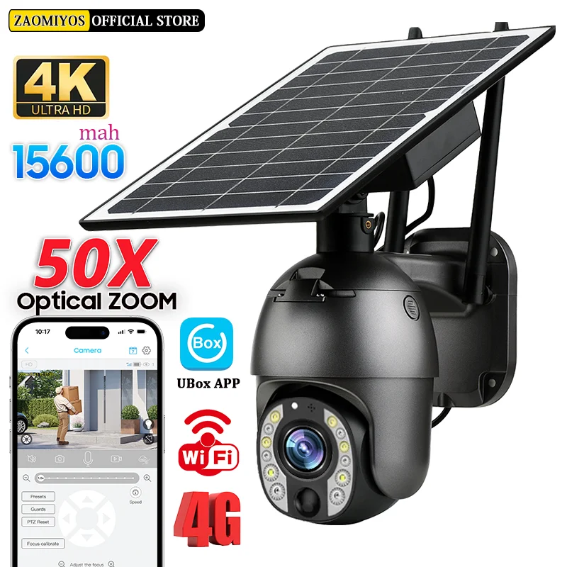 4G SIM 50X Optical Zoom Solar Camera 4K 360 PTZ Outdoor Motion Detection Surveillance Night Vision CCTV battery Security IP Cam 1