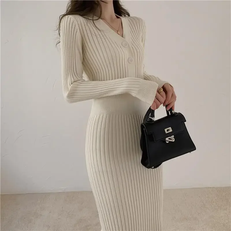 سليم صالح الركبة طول محبوك سترة فستان الخريف الشتاء ملابس خارجية الخصر مقصوص Bodycon المألوف قاعدة طبقة فستان قطعة واحدة