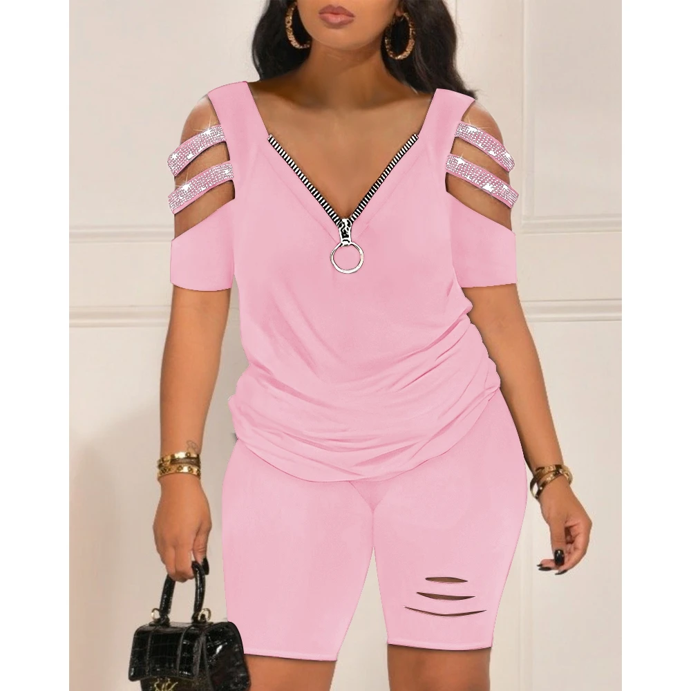 Women Solid Zip Design Rhinestone Cold Shoulder T-shirts & Cutout Shorts Set Female Casual Two Pieces Set Summer Woman Clothing