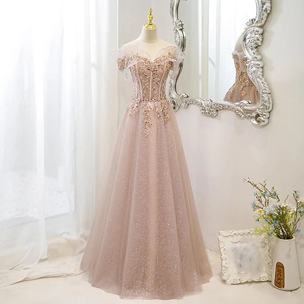 

A-Line Pink Women Evening Dresses Shiny Sequins Off Shoulder Prom Party Gowns Vestido De Noche Abendkleider robes de soirée