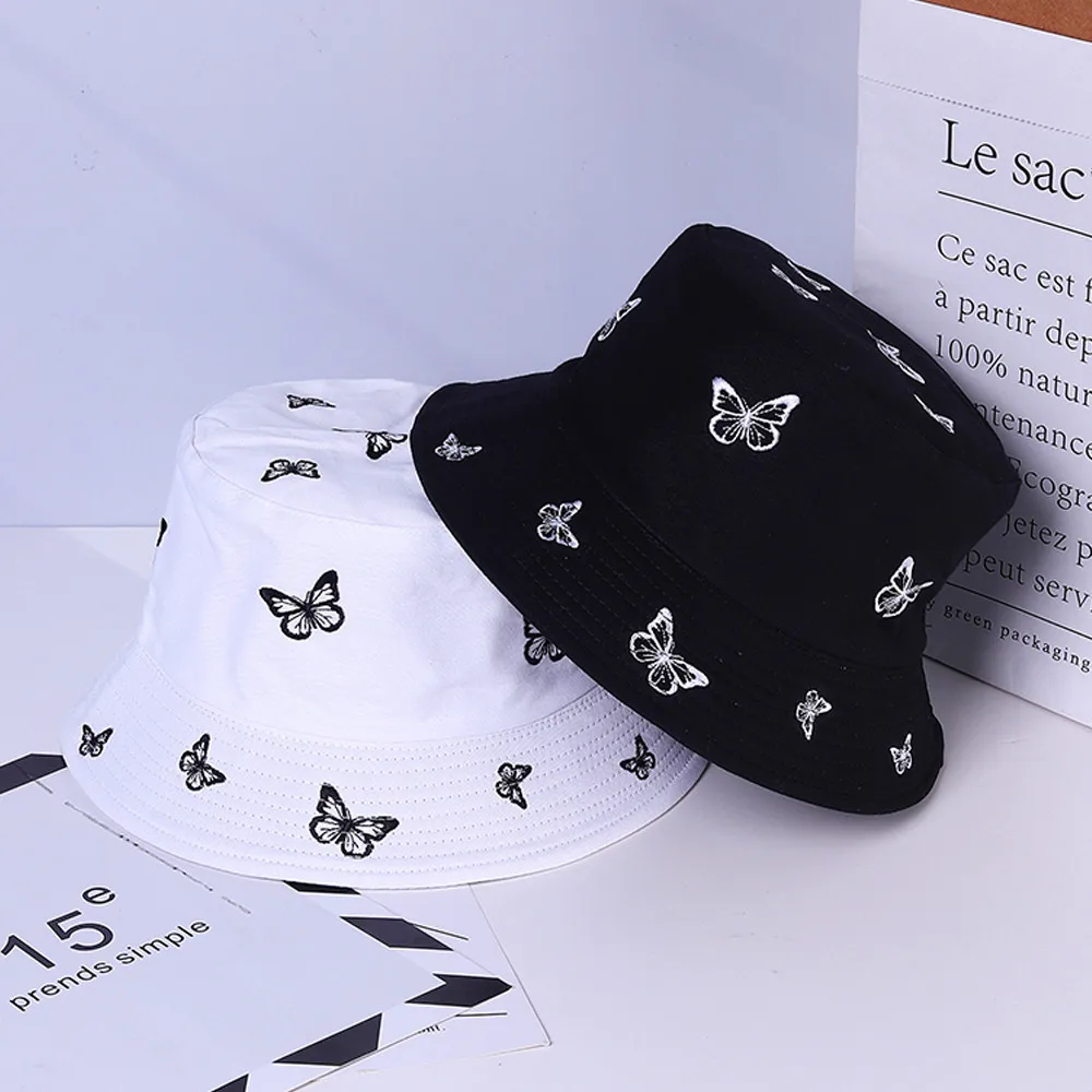 Chapeau de pêcheur brodé de papillons pour femmes, chapeau seau Double face décontracté, casquette de plage Gorros Panama