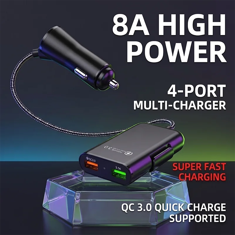 4포트 USB 차량용 충전기 8A 고속 충전 스테이션, 긴 연장 케이블 및 뒷좌..