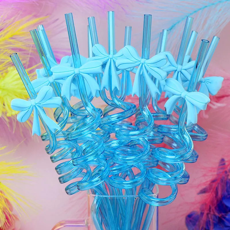 Reusable Blue Bow-Themed Spiral Straws - Set of 16 for Parties and Celebrations