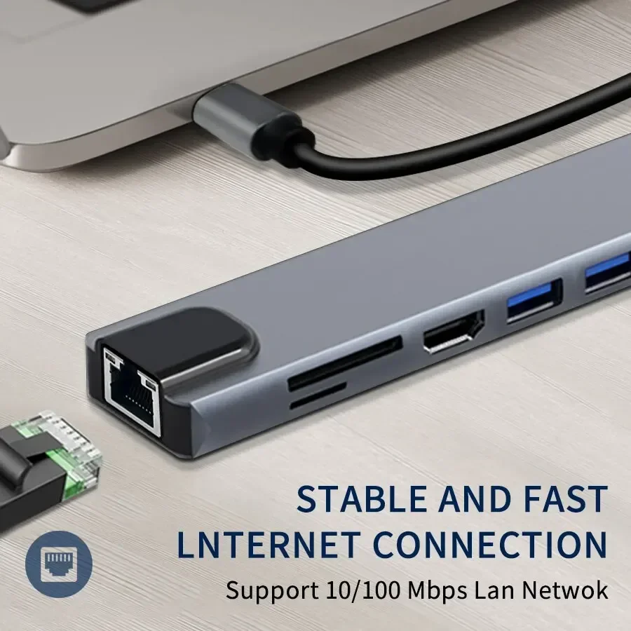 8 in 1 USB C HUB Type C Phone Adapter with 4K HDMI 87W PD USB Docking Station RJ45 for MacBook Pro Air Laptop Pad Card Reader