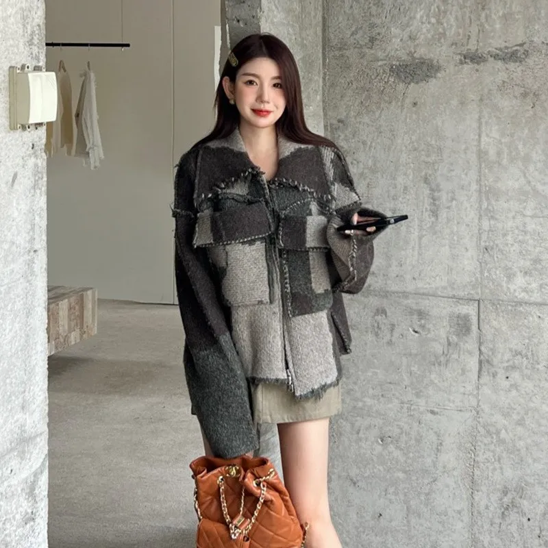 B-TOTO Sweater jacket women Autumn lazy wind loose thin splicing design zipper jacket 2023 Women's