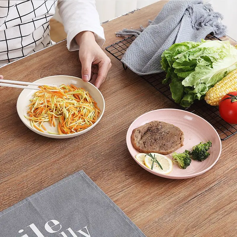 Set(8pcs) Nordic Color 23CM Large Round Plate Home Shatter Resistant Wheat Straw Plate Microwave Oven Tableware