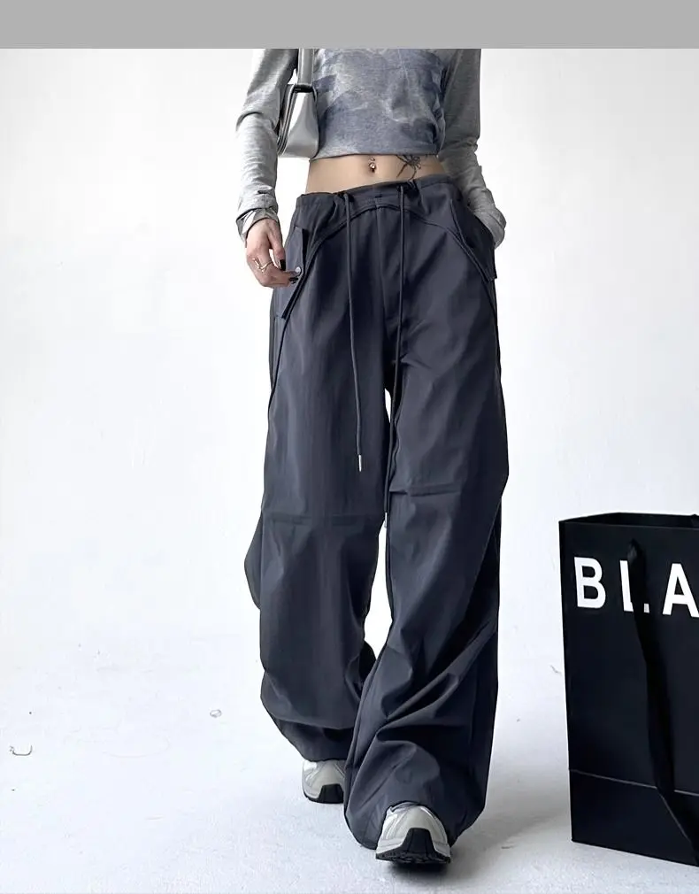 Drawstring Cargo Pants Fashion High Waist Pocket Straight Pants High Street Leisure Baggy Wide Leg Trouser Ladies