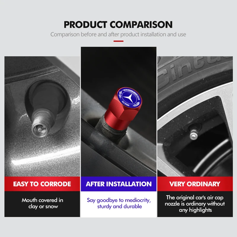 메르세데스 벤츠용 4개 자동차 휠 타이어 밸브 캡 로고 포함 자동차 스타일링 C180 C300 W124 W176 W177 C200 C260 GLC CLE CLA